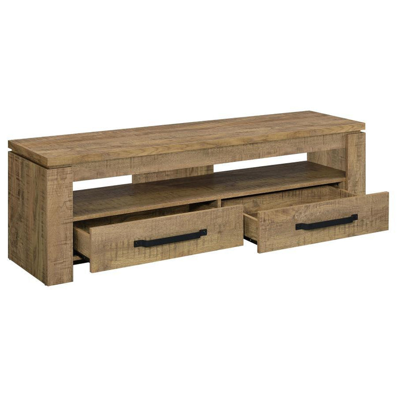 Angled view of 59-inch TV stand in mango finish showing drawers and shelf depth