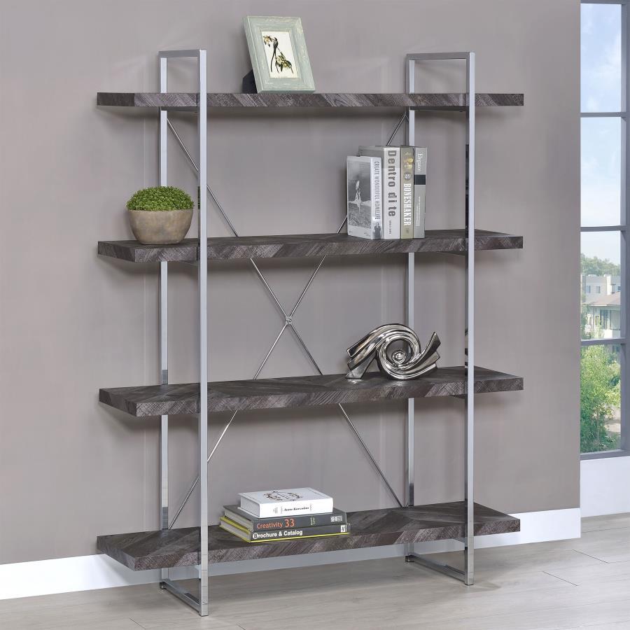 Grimma 4-Shelf Bookshelf in Rustic Gray and Chrome