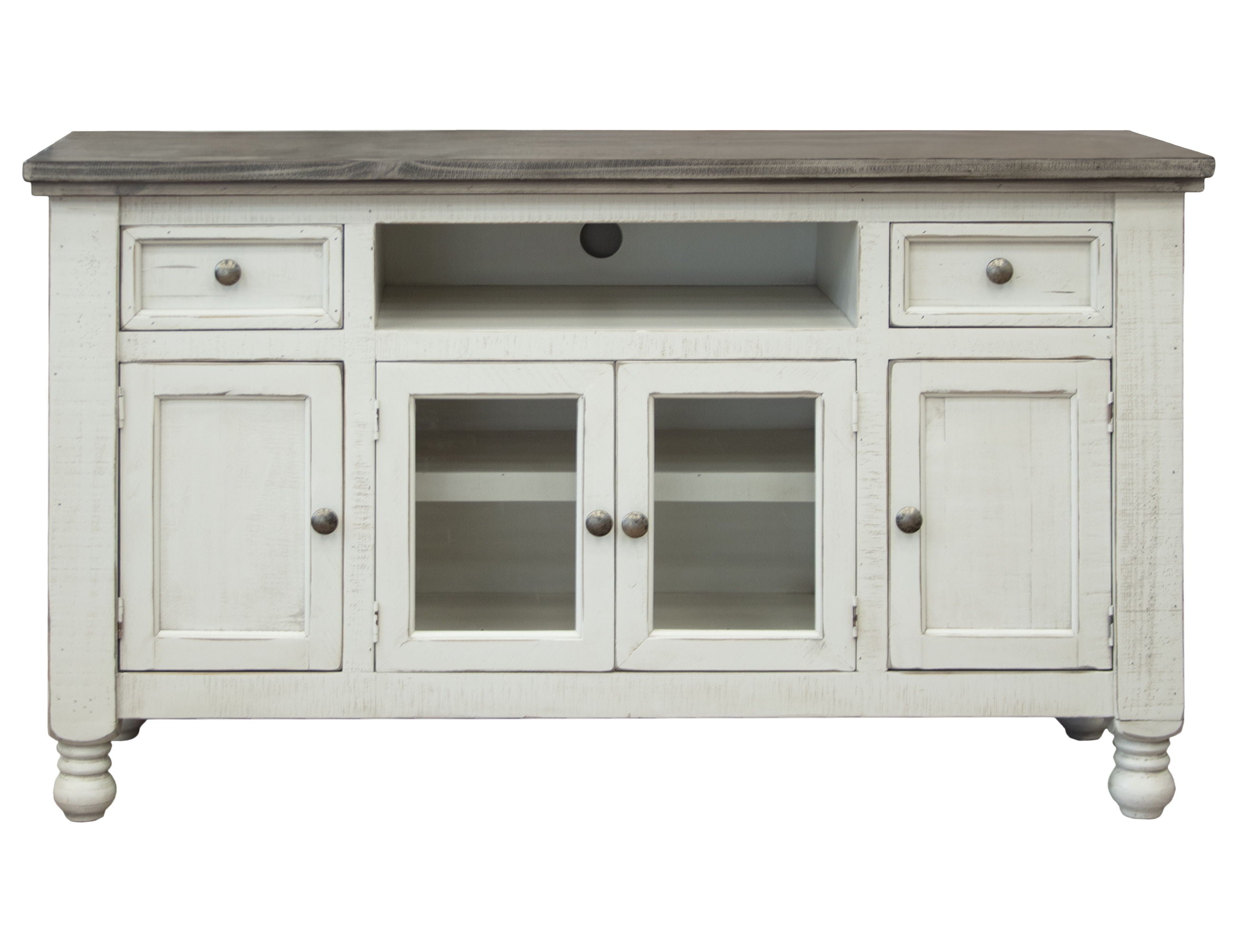 Stone TV Stand with 2 Drawers / 4 Doors – Antiqued Ivory