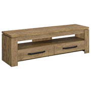 Angled view of 59-inch TV stand in mango finish showing drawers and shelf depth