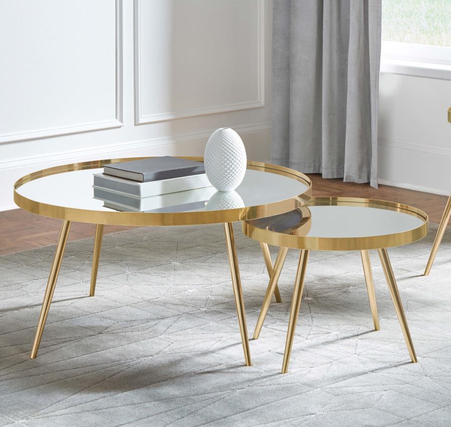 2-Piece Round Mirror Top Nesting Coffee Table Set