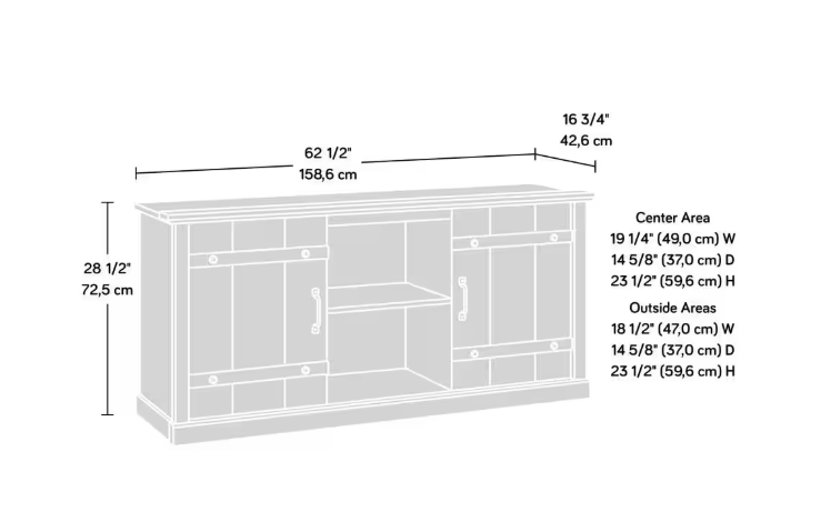 Dimension diagram of modern farmhouse TV stand showing width, height, and depth measurements