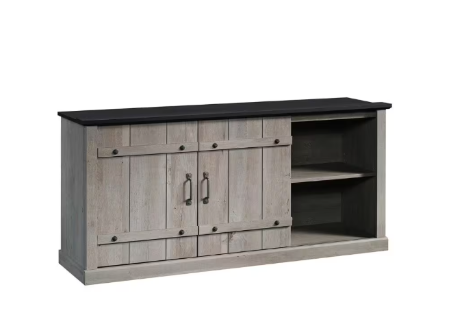 Modern farmhouse TV credenza showing adjustable interior shelves