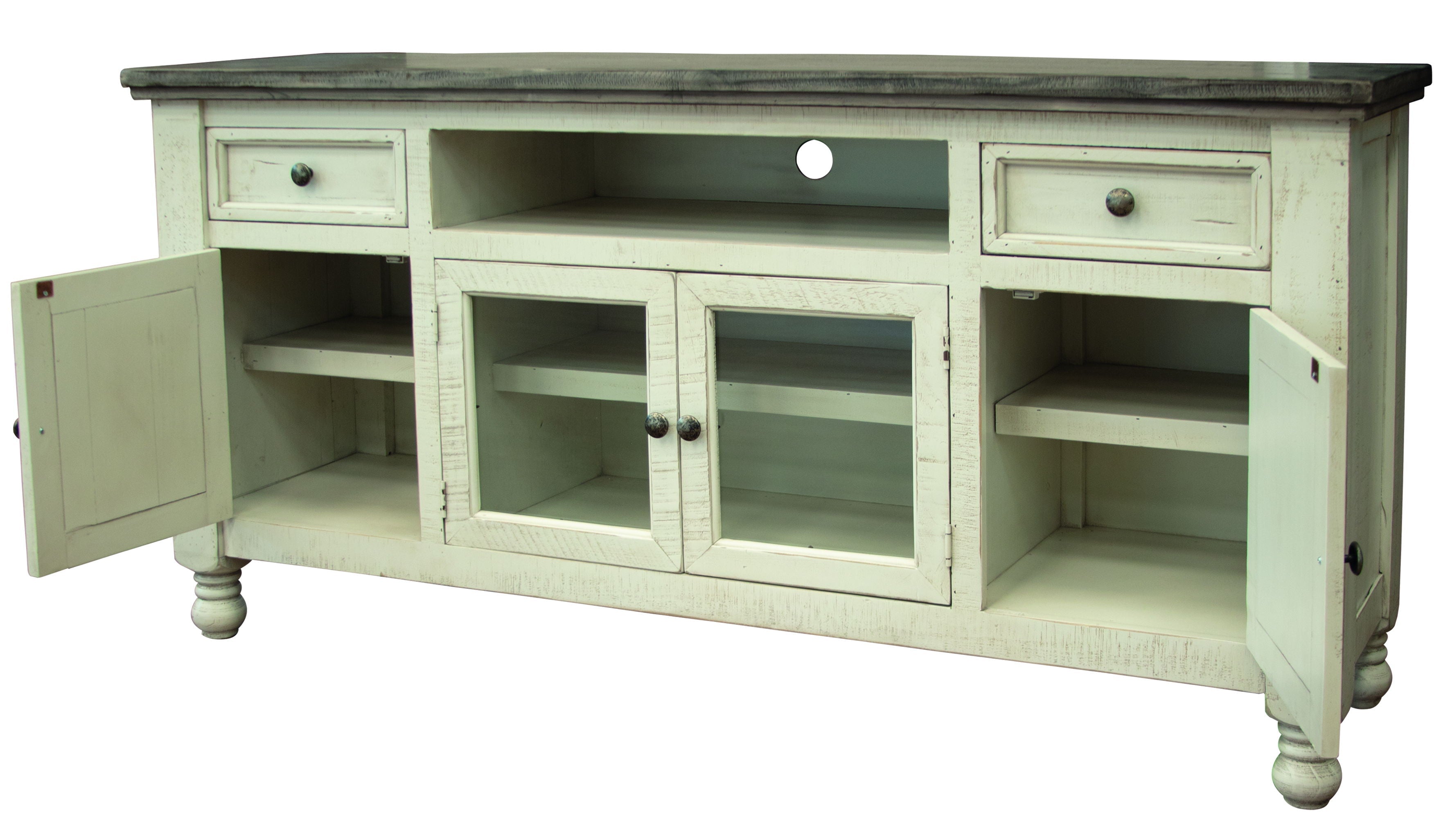 Stone TV Stand with 2 Drawers / 4 Doors – Antiqued Ivory