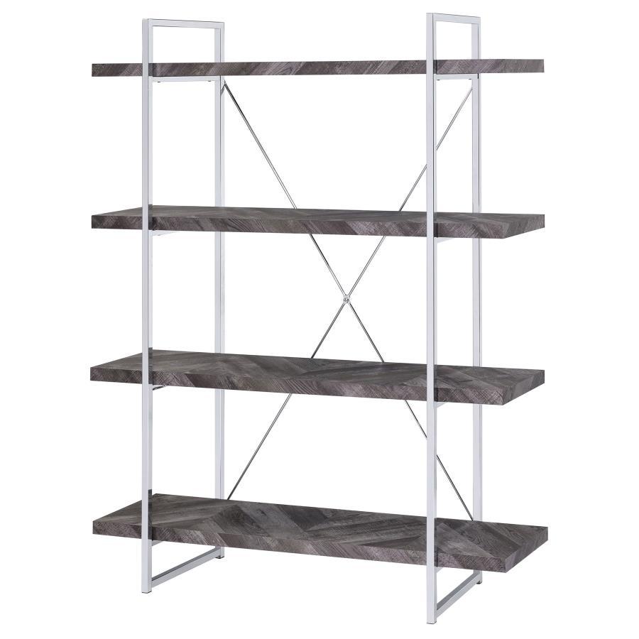 Grimma 4-Shelf Bookshelf in Rustic Gray and Chrome