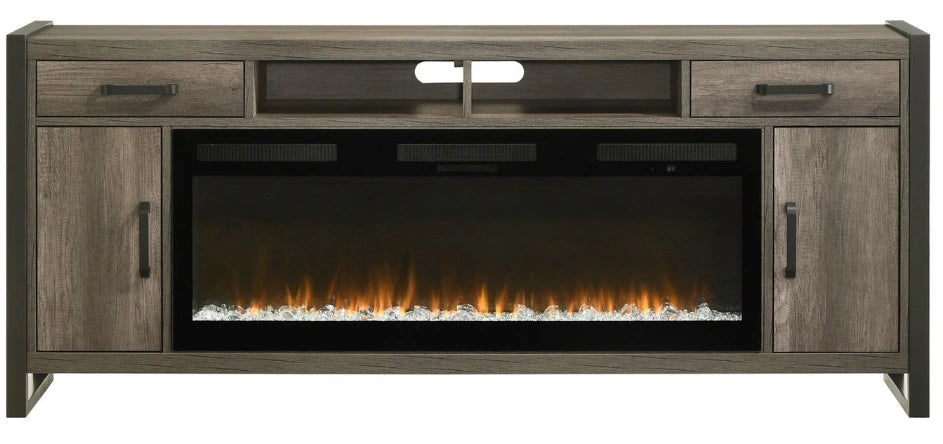 78-inch TV console with built-in electric fireplace and open electronic compartments