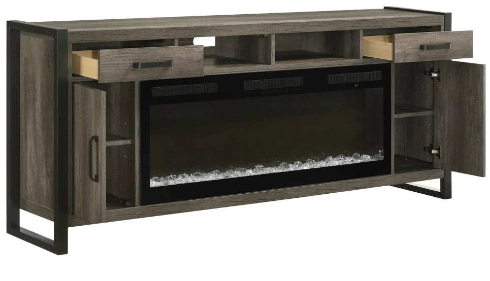 Angled view of brown fireplace TV console with electric insert and media storage