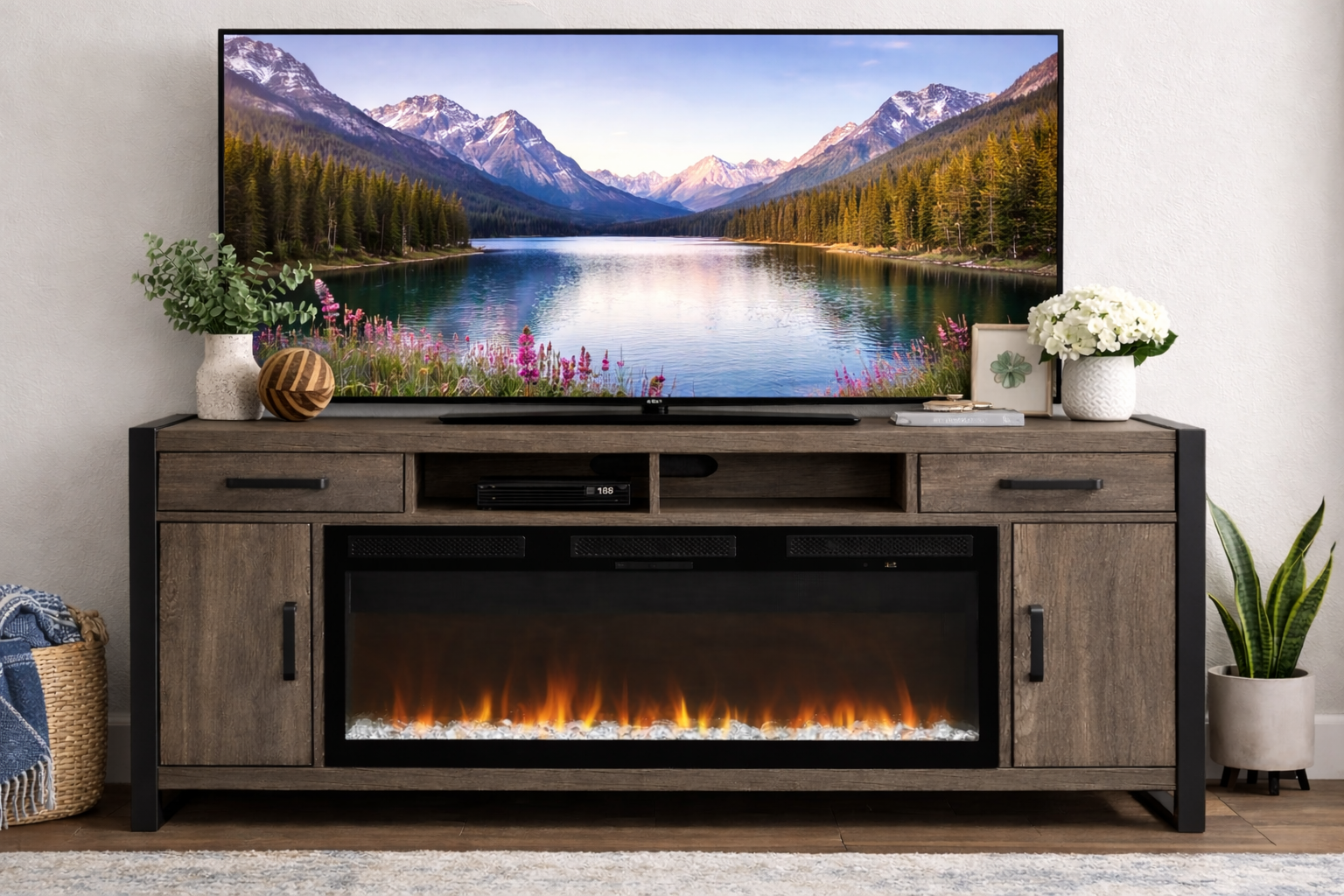 78-inch fireplace TV console in brown with electric flames and open media storage in living room setting