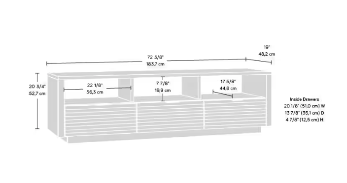 Dimension diagram of mid-century modern TV stand showing width, height, and depth measurements