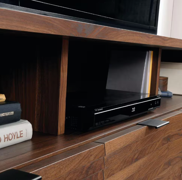 Entertainment credenza open shelf detail showing storage space for media devices