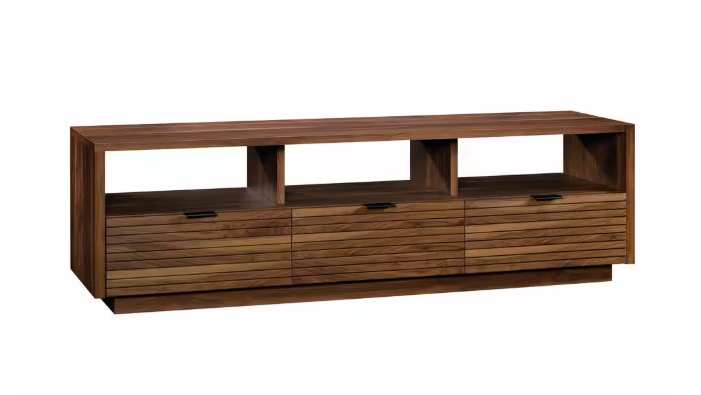 Mid-century modern TV stand in Grand Walnut with three drawers and open shelves