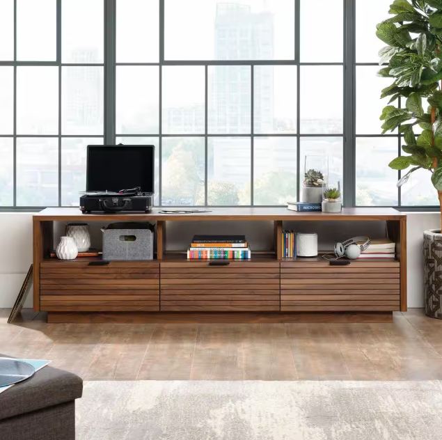 Mid-century modern entertainment credenza in Grand Walnut with slatted drawer fronts