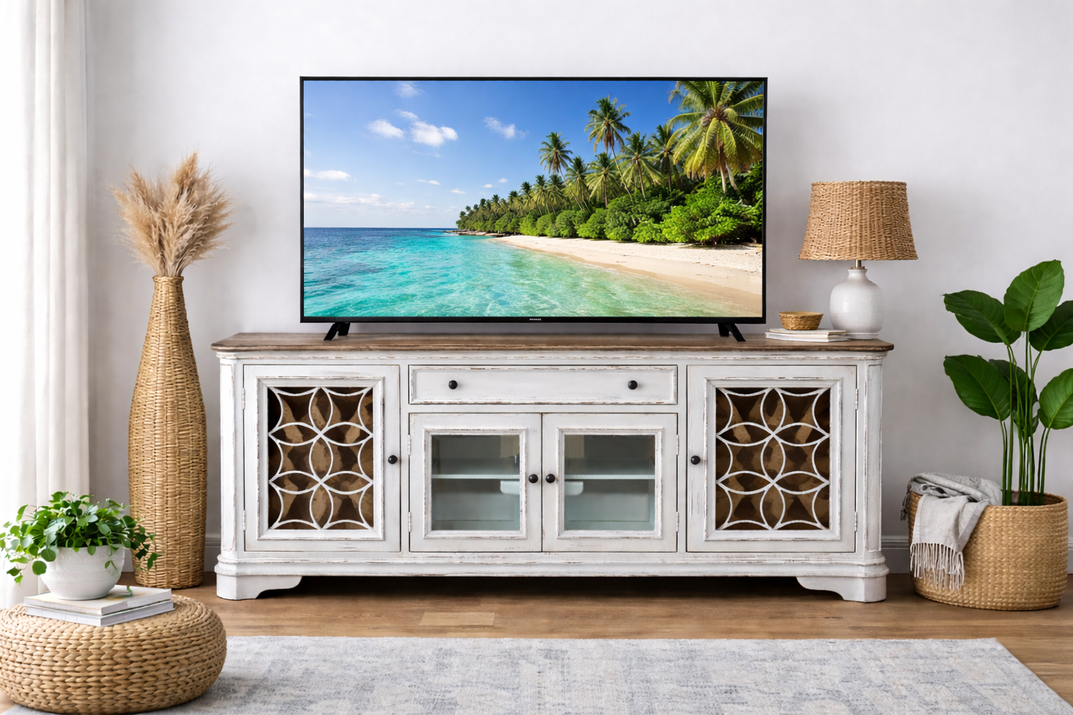 Traditional TV stand in weathered bisque with glass doors and decorative mirror panels in living room setting